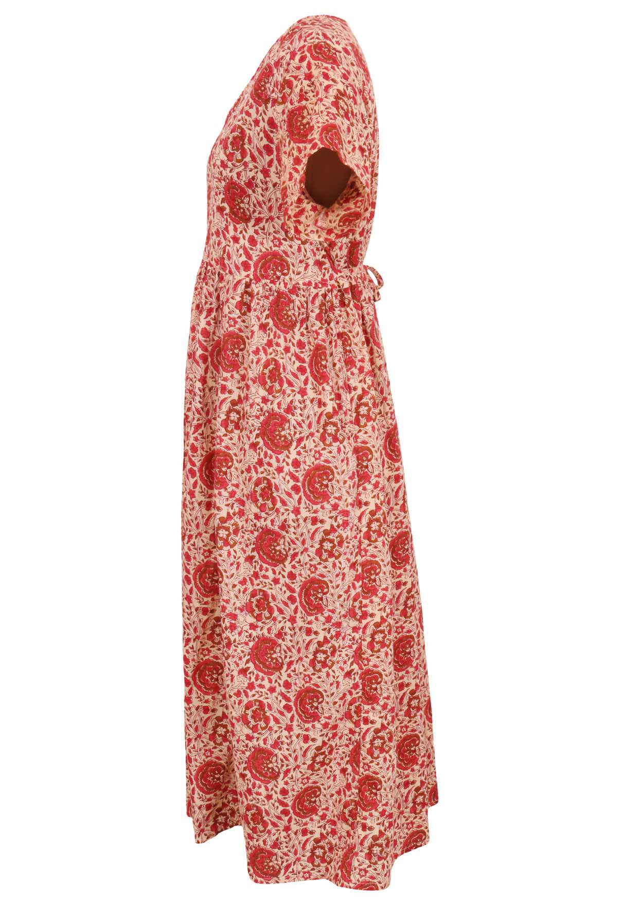 Side view of cream based warm floral print V-neck cotton dress with pockets.