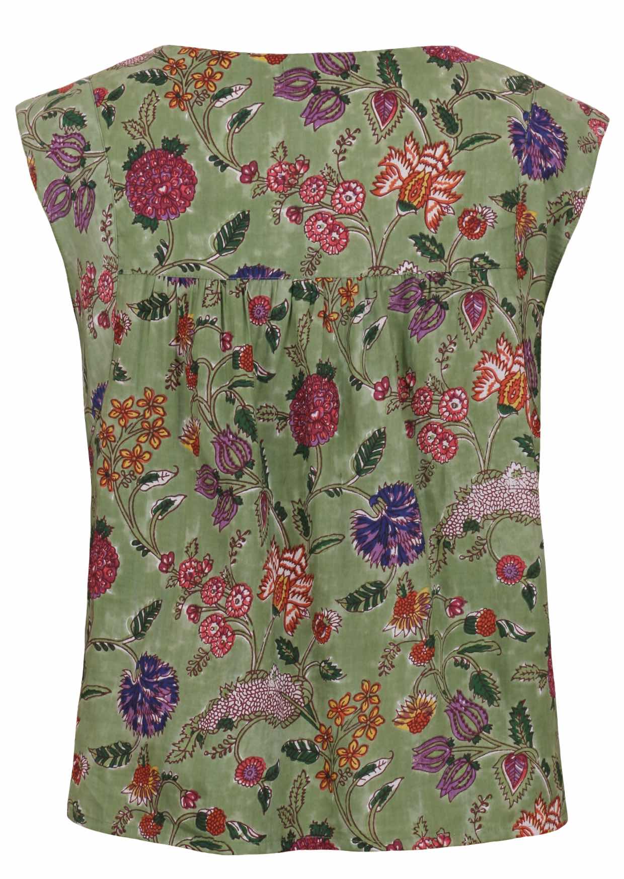 Back view of cap sleeves cotton top with moss green based floral print on a white background.