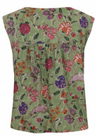 Back view of cap sleeves cotton top with moss green based floral print on a white background.
