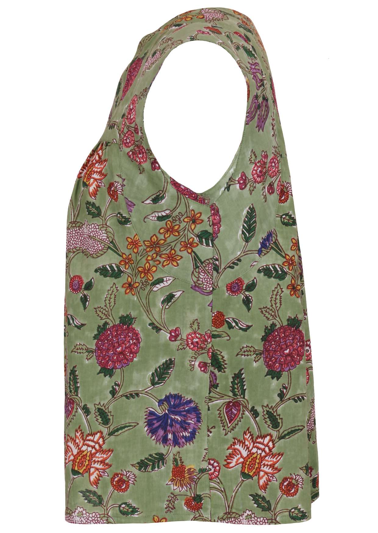 Side view of cap sleeves cotton top with moss green based floral print on a white background.