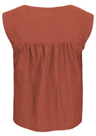 Back mannequin photo of cotton sleeveless top with gathers across shoulder blades, in rust shade