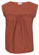 Front mannequin photo of cotton sleeveless top with gathers over bust, in rust shade