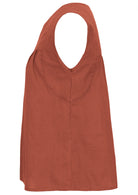 Side mannequin photo of cotton sleeveless top with gathers over bust, in rust shade