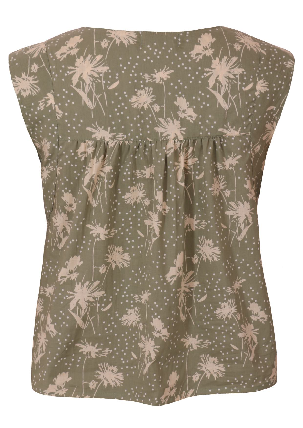 Back mannequin photo of cotton sleeveless top with gathers across shoulder blades, in pale green based floral print