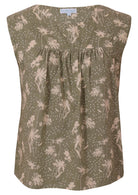 Front mannequin photo of cotton sleeveless top with gathers over bust, in pale green based floral print