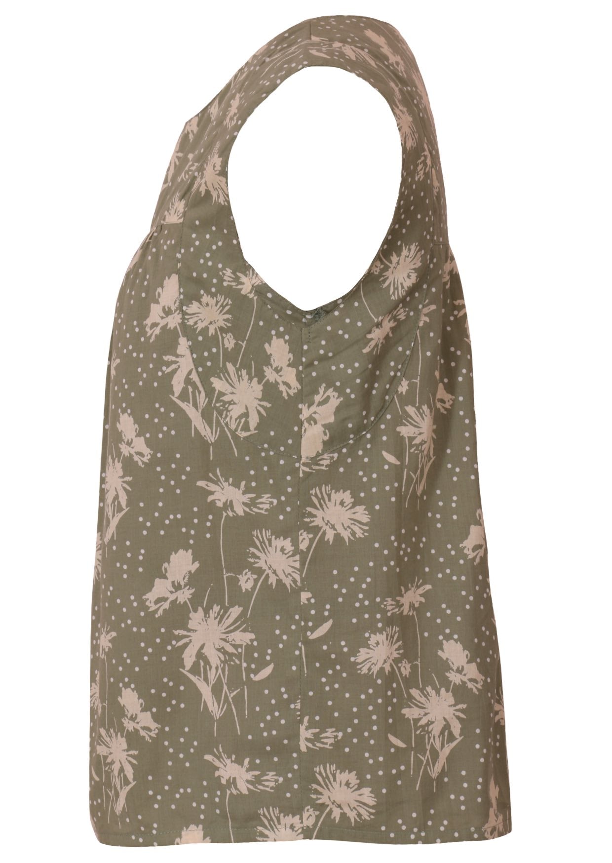 Side mannequin photo of cotton sleeveless top with gathers over bust, in pale green based floral print