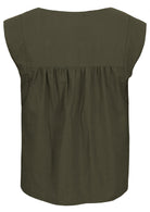 Back mannequin photo of cotton sleeveless top with gathers across shoulder blades, in olive green shade