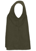Side mannequin photo of cotton sleeveless top with gathers over bust, in olive green shade