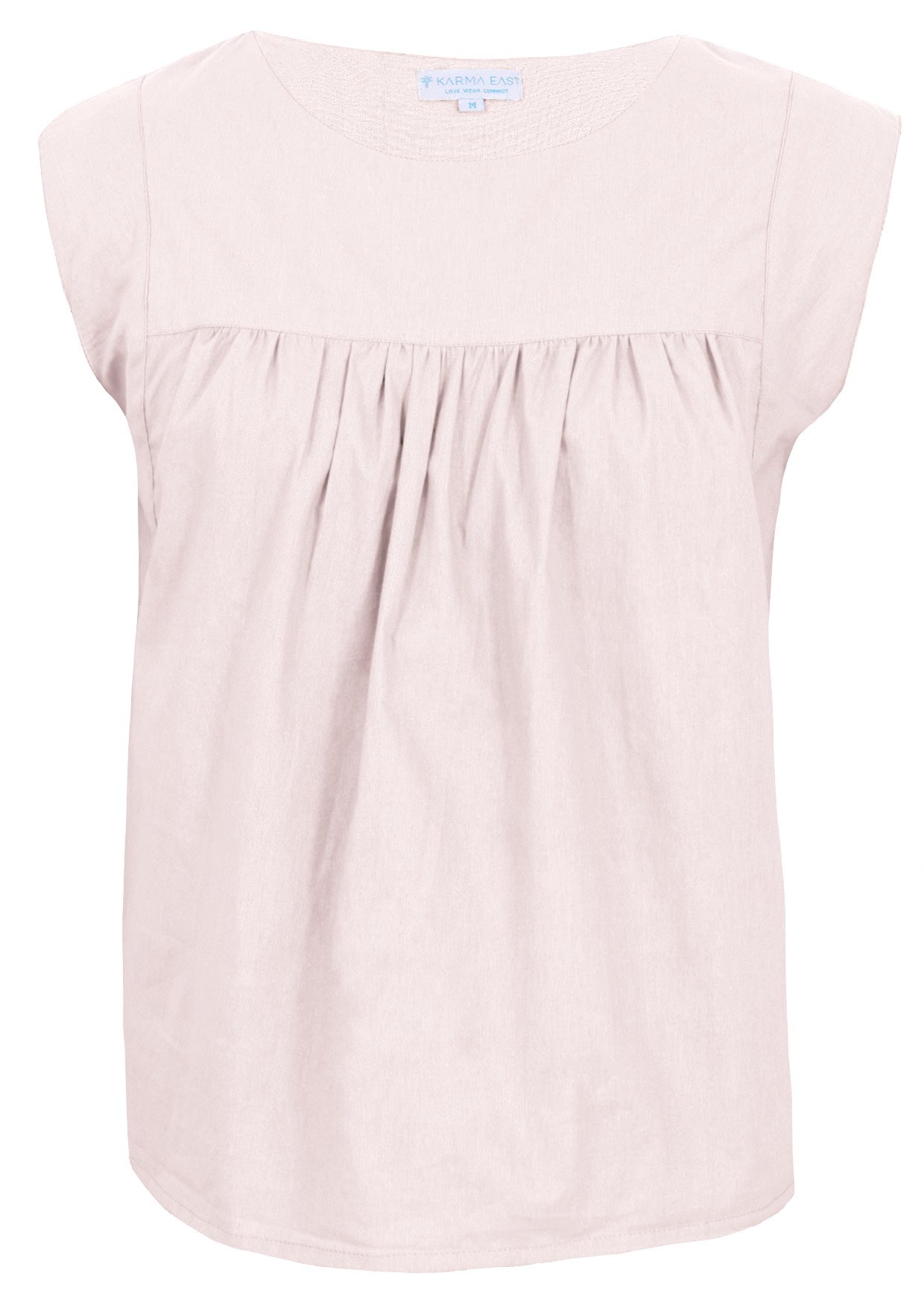 Front mannequin photo of cotton sleeveless top with gathers over bust, in natural white