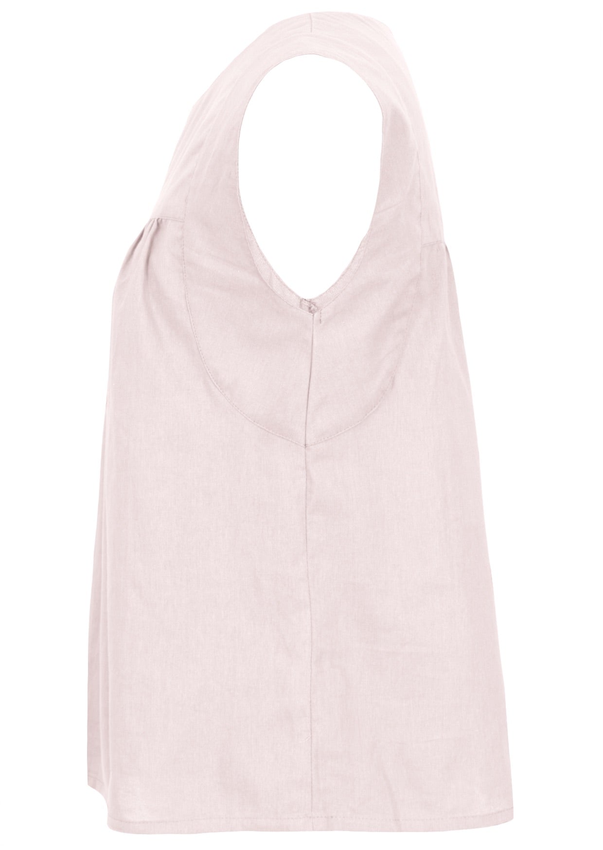 Side mannequin photo of cotton sleeveless top with gathers over bust, in natural white