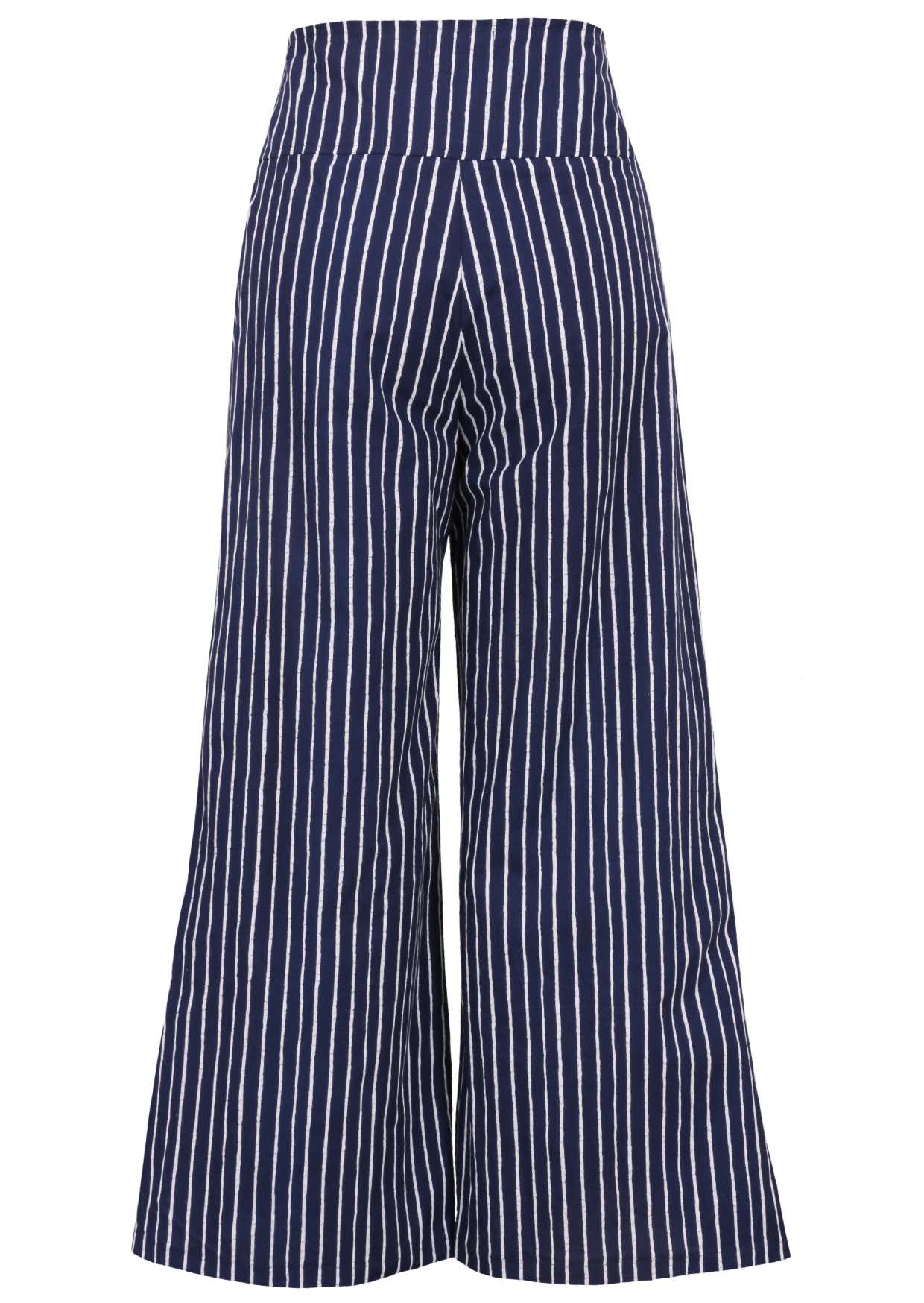 Back view of women's 100% cotton wide leg pant with side zip
