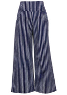 Front view of women's 100% cotton wide leg pant in navy blue based print