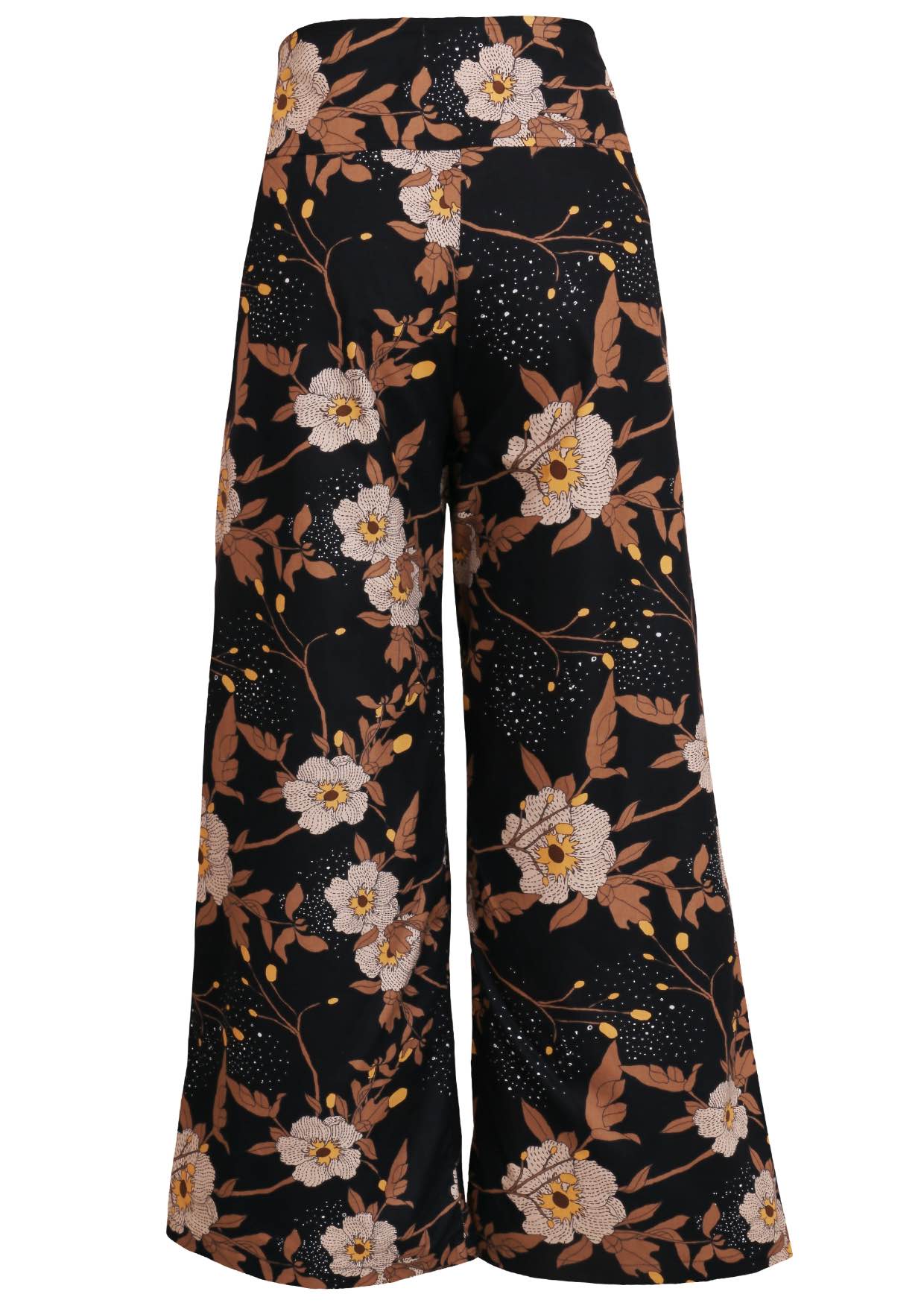 Back view of women's 100% cotton wide leg pant in black based floral print with side zip