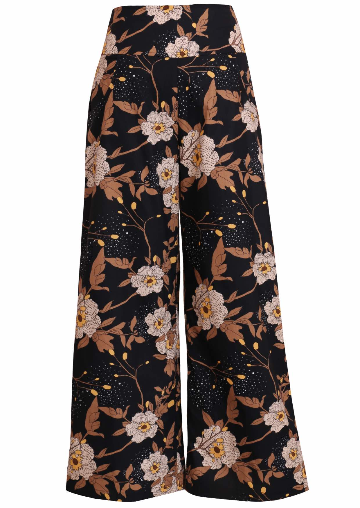 Front view of women's 100% cotton wide leg pant in black based floral print