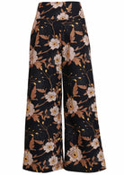 Front view of women's 100% cotton wide leg pant in black based floral print