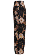 Side view of women's 100% cotton wide leg pant in black based floral print with pockets