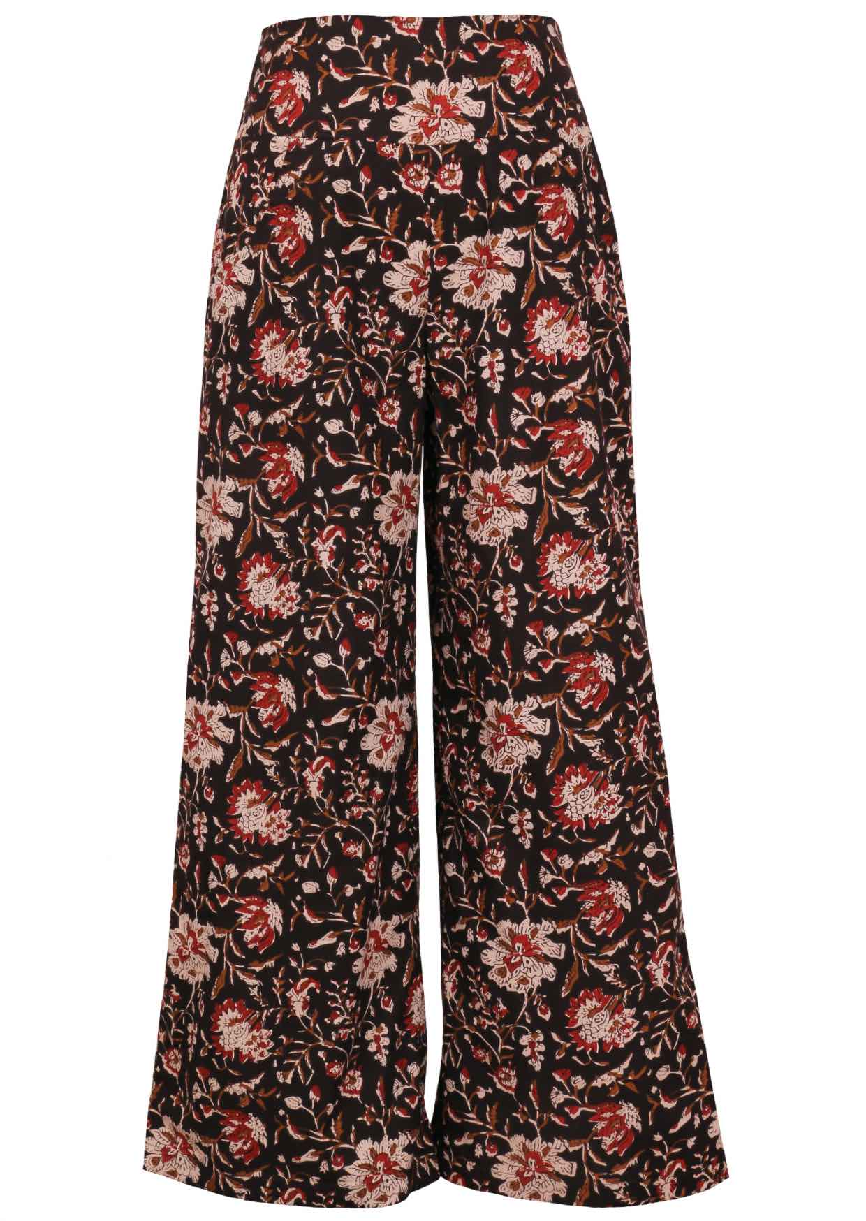 Front view of women's 100% cotton wide leg pant in black based floral print