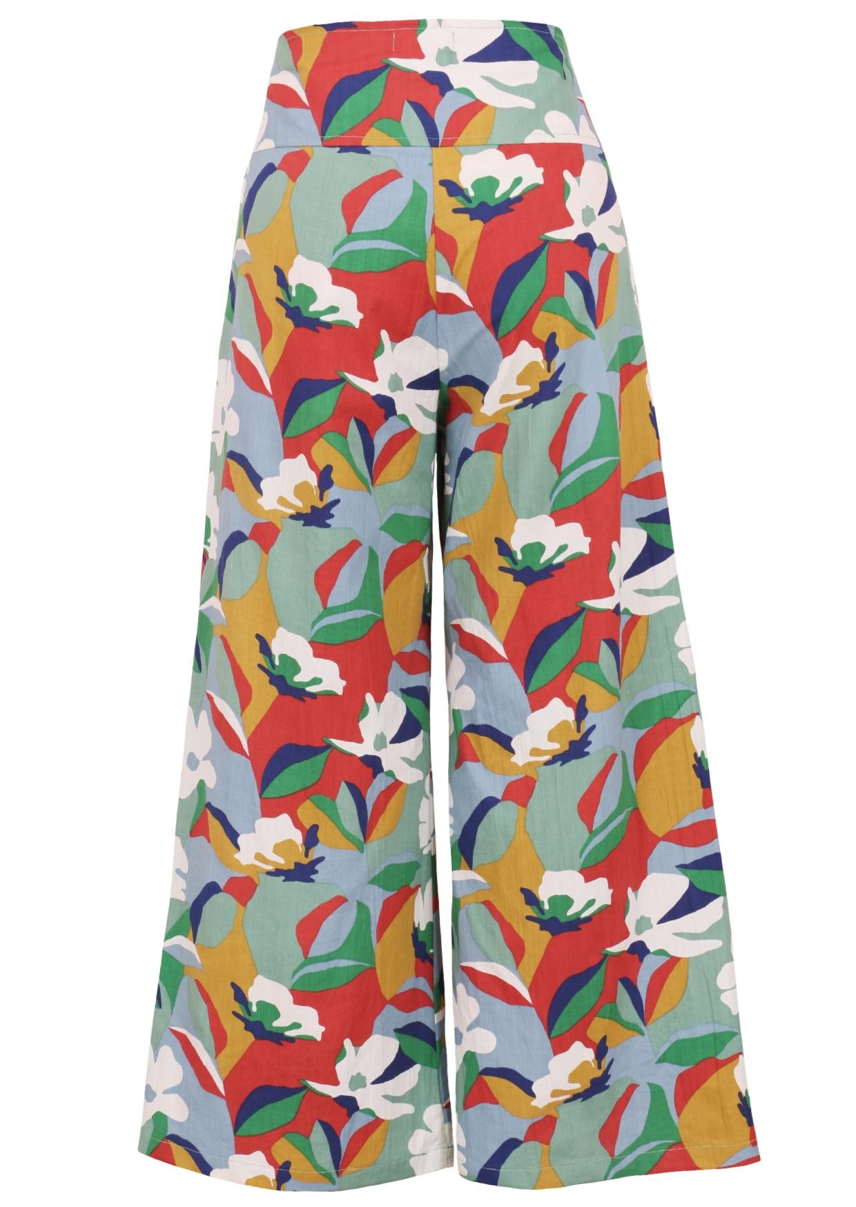 Back view of women's 100% cotton wide leg pant in floral print with side zip