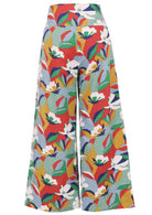 Back view of women's 100% cotton wide leg pant in floral print with side zip