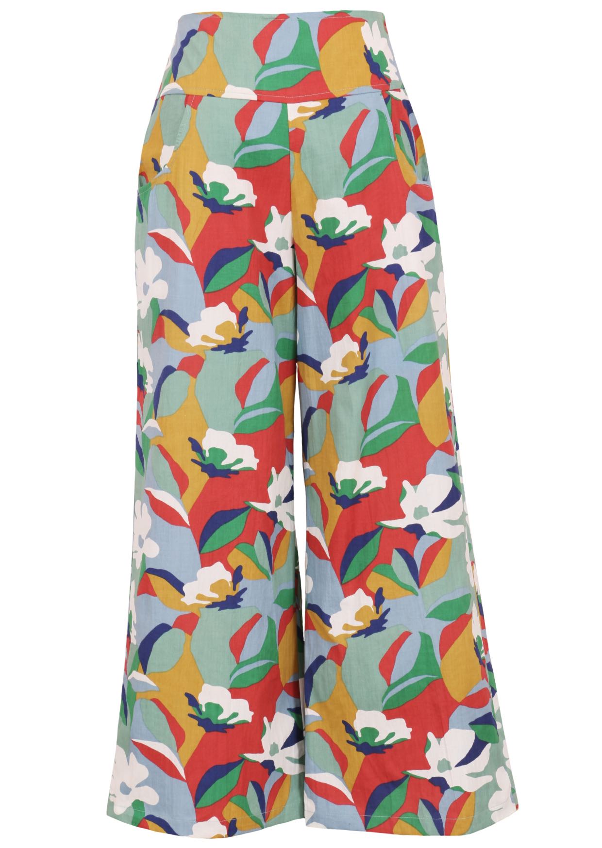 Front view of women's 100% cotton wide leg pant in floral print