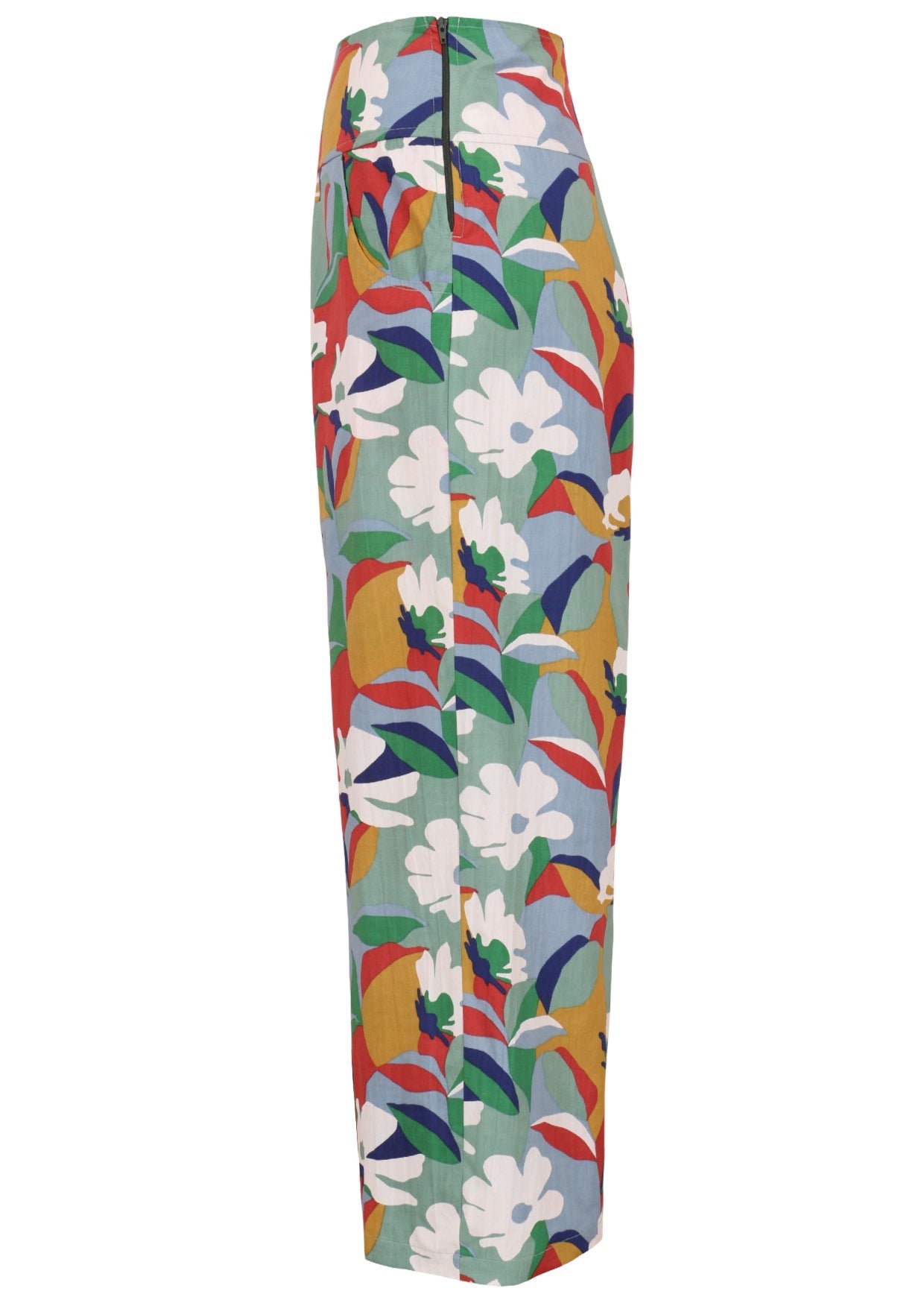Side view of women's 100% cotton wide leg pant in floral print with pockets