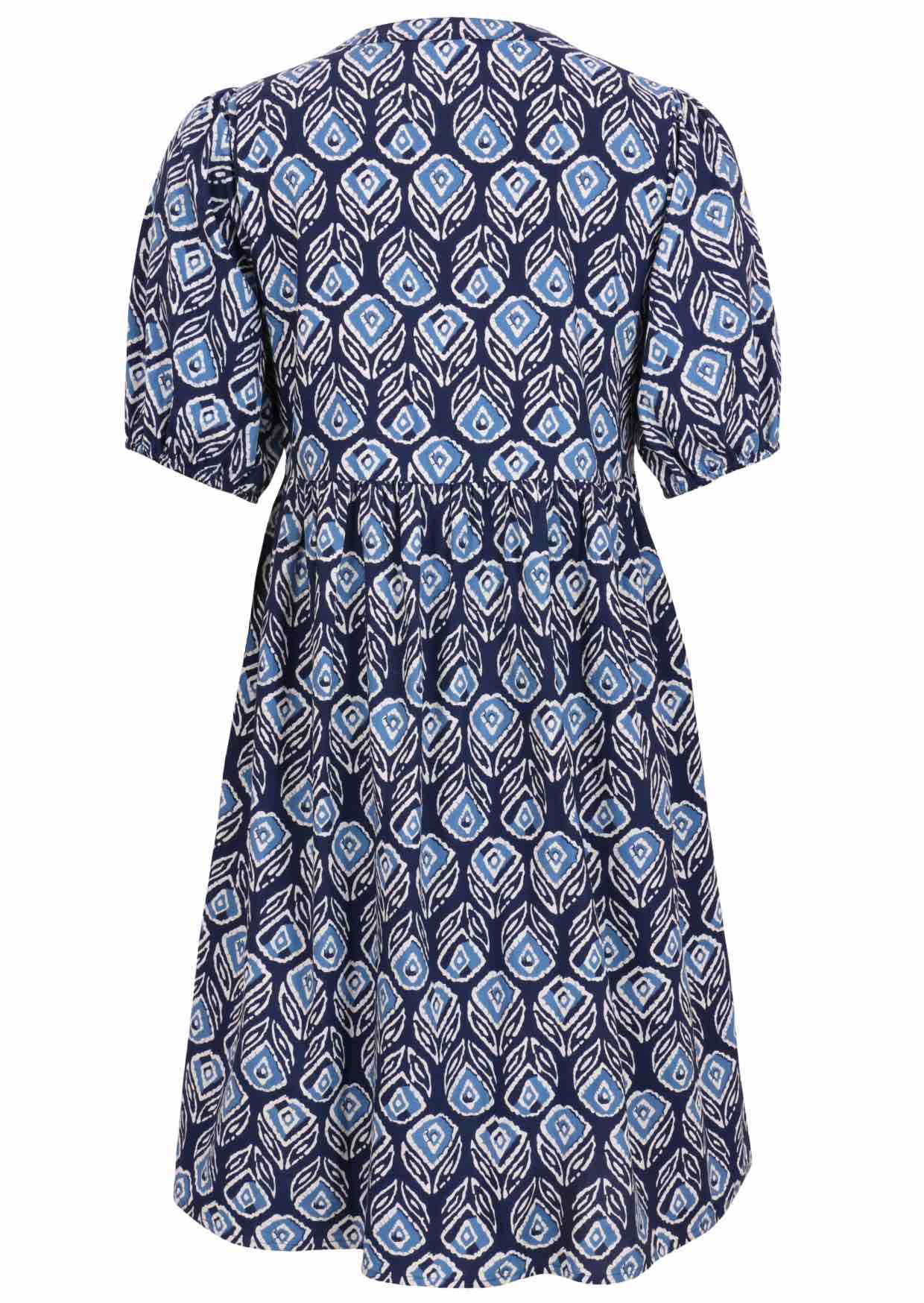 Elbow length sleeve cotton dress with navy blue based print