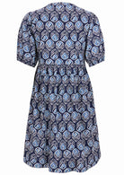 Elbow length sleeve cotton dress with navy blue based print
