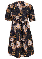 Elbow length sleeve cotton dress with black based floral print

