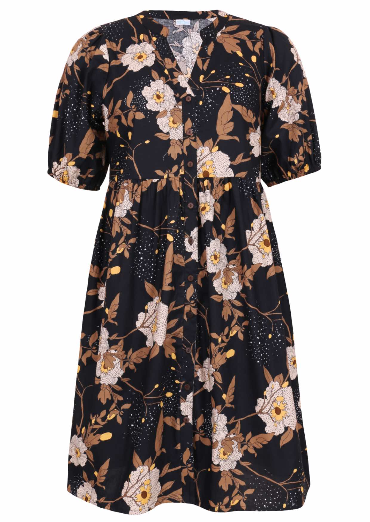 V-neck cotton dress with black based floral print