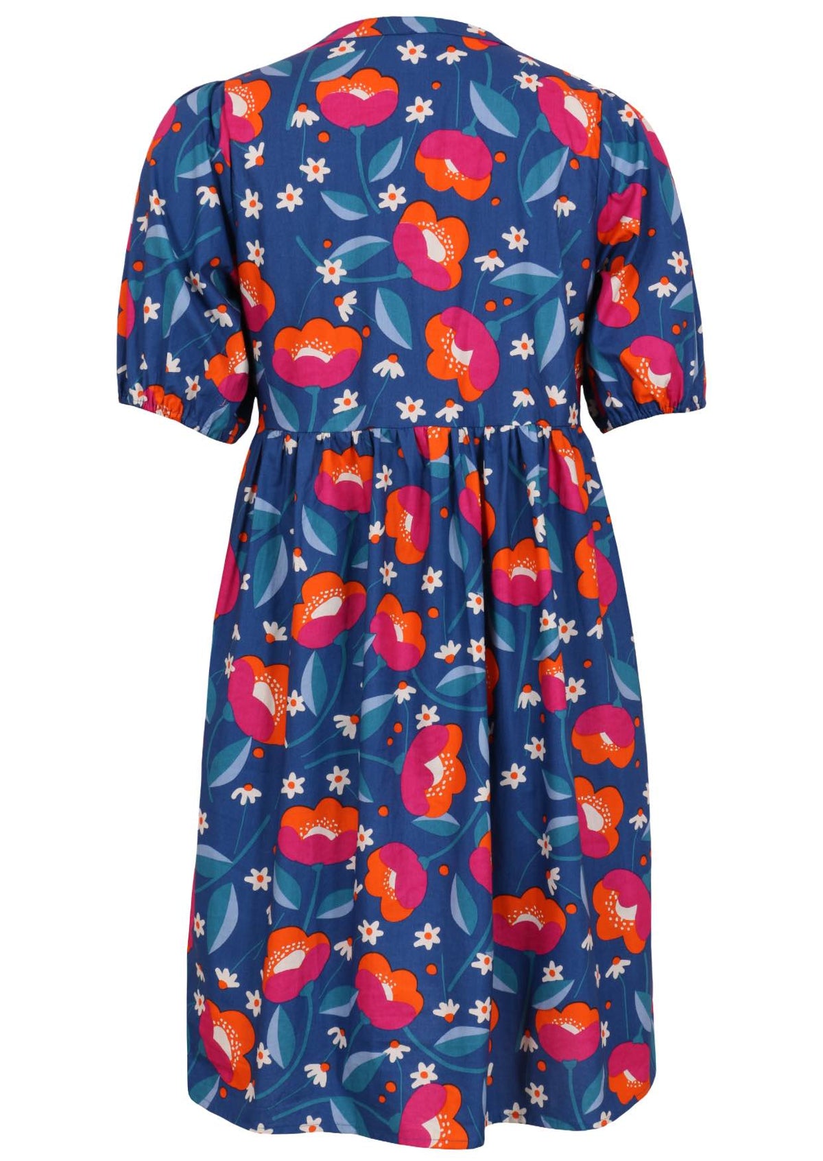 Elbow length sleeve cotton dress with royal blue based floral print.