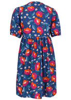 Elbow length sleeve cotton dress with royal blue based floral print.