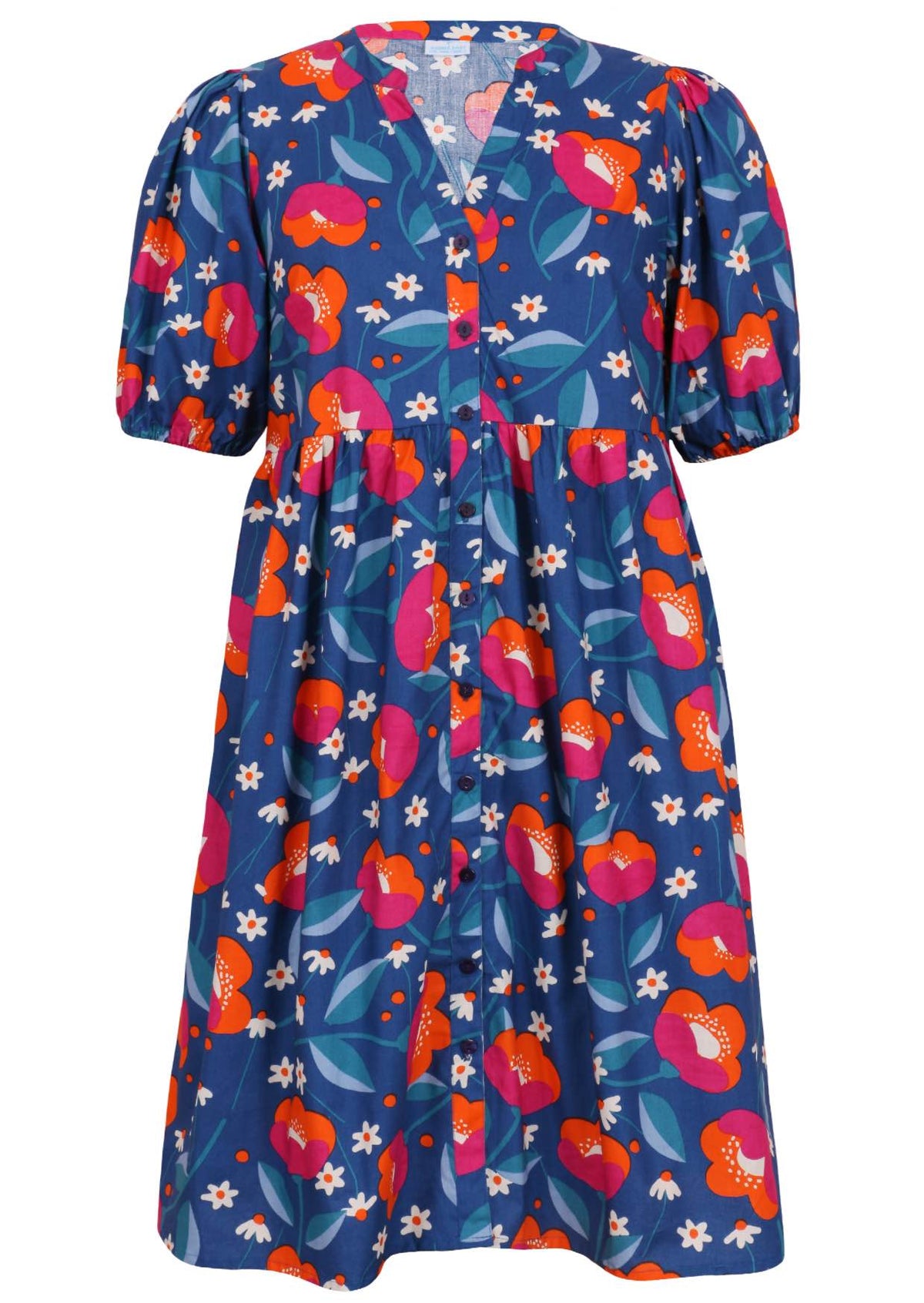 V-neck cotton dress with royal blue based floral print.