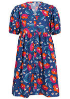 V-neck cotton dress with royal blue based floral print.