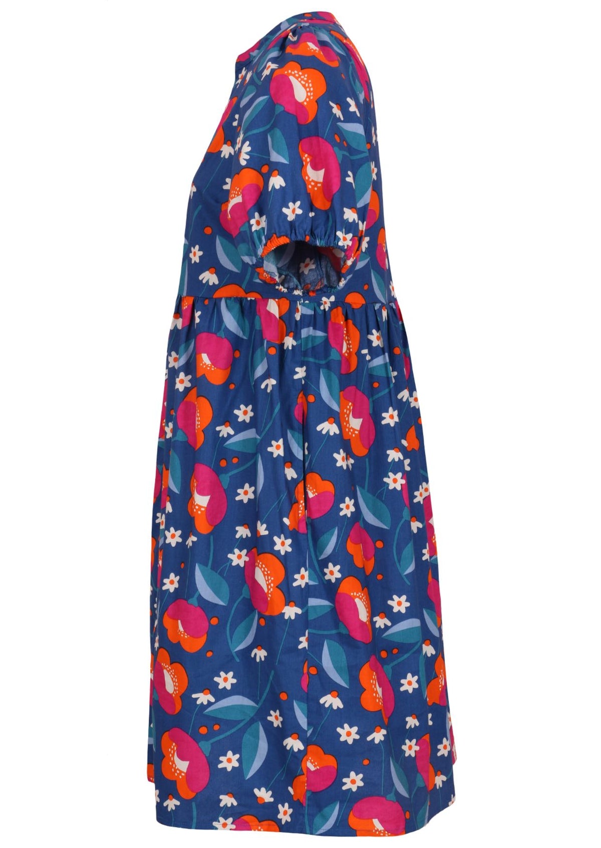 100% cotton dress with royal blue based floral print.