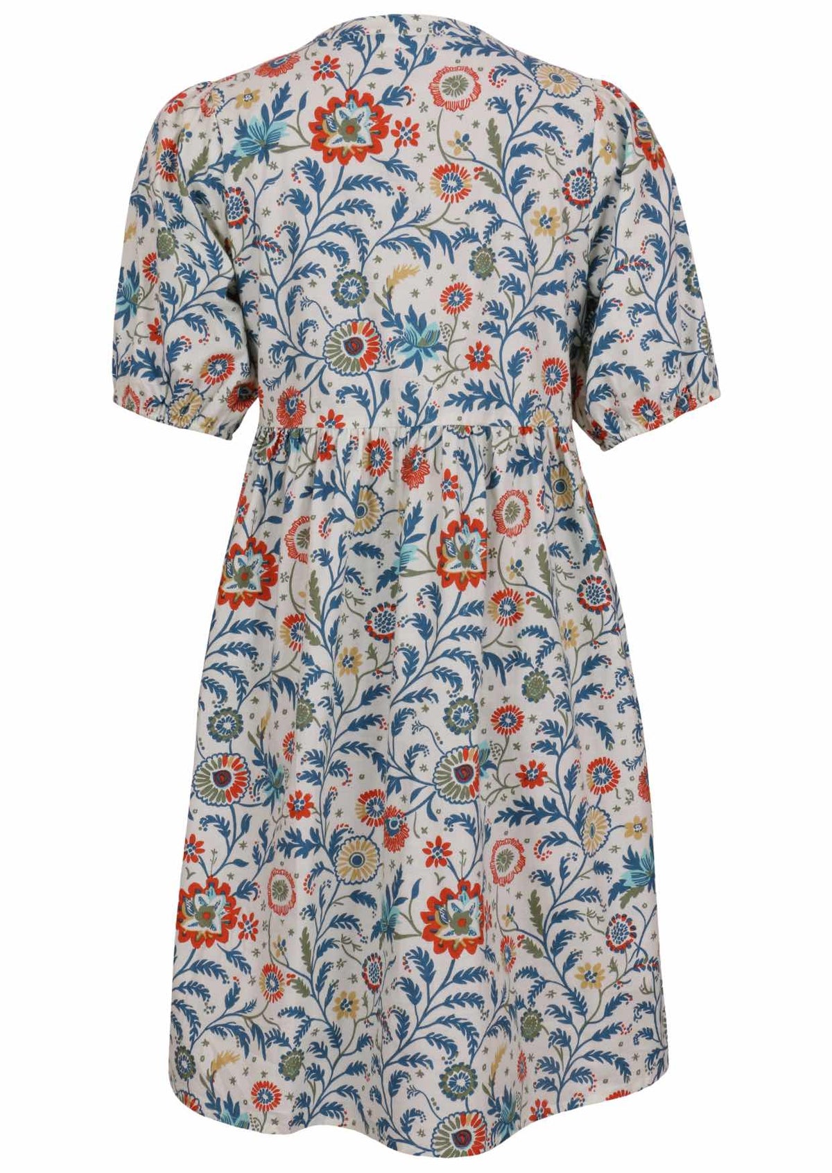 Elbow length sleeve cotton dress with white based floral print.
