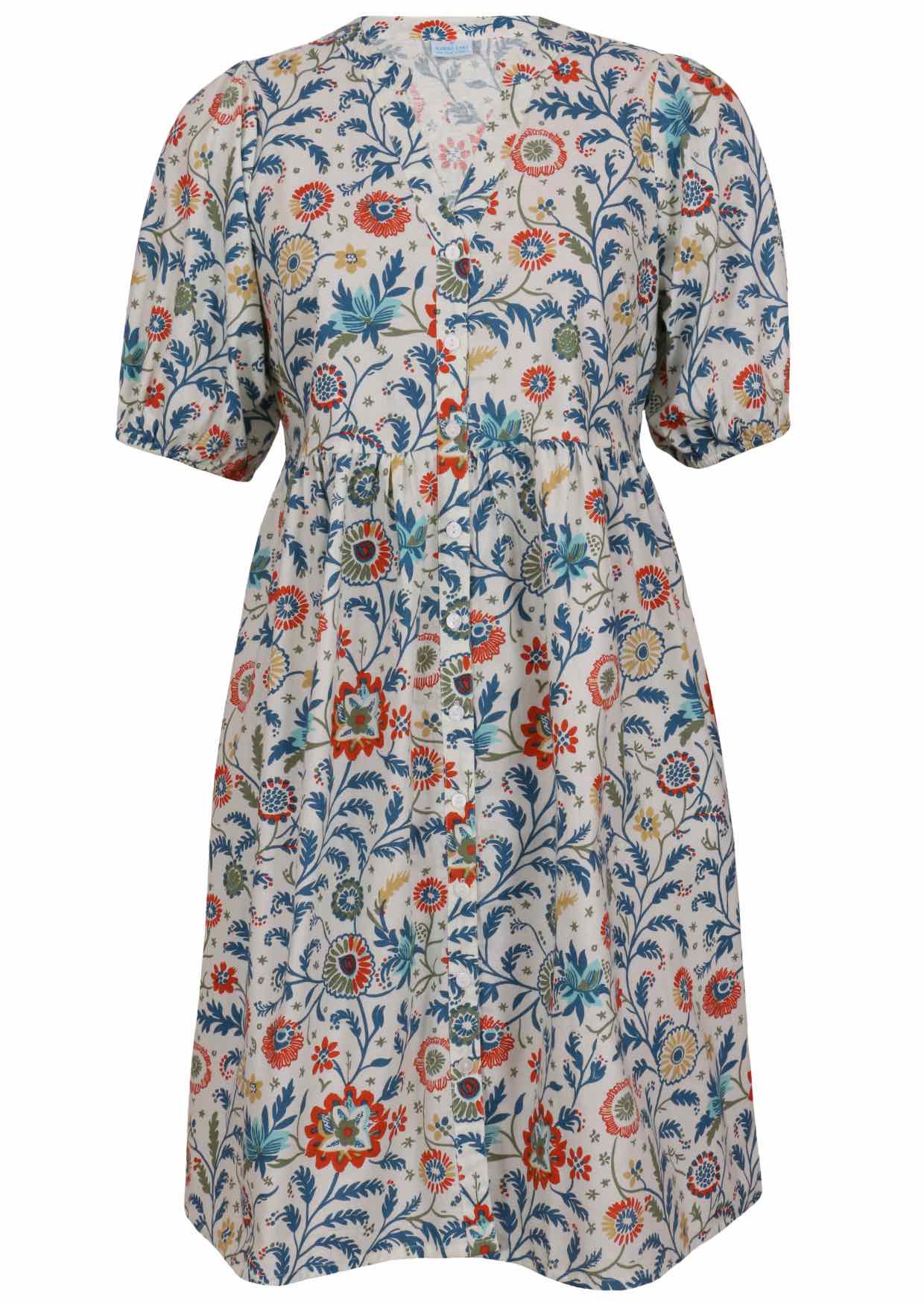 V-neck cotton dress with white based floral print.