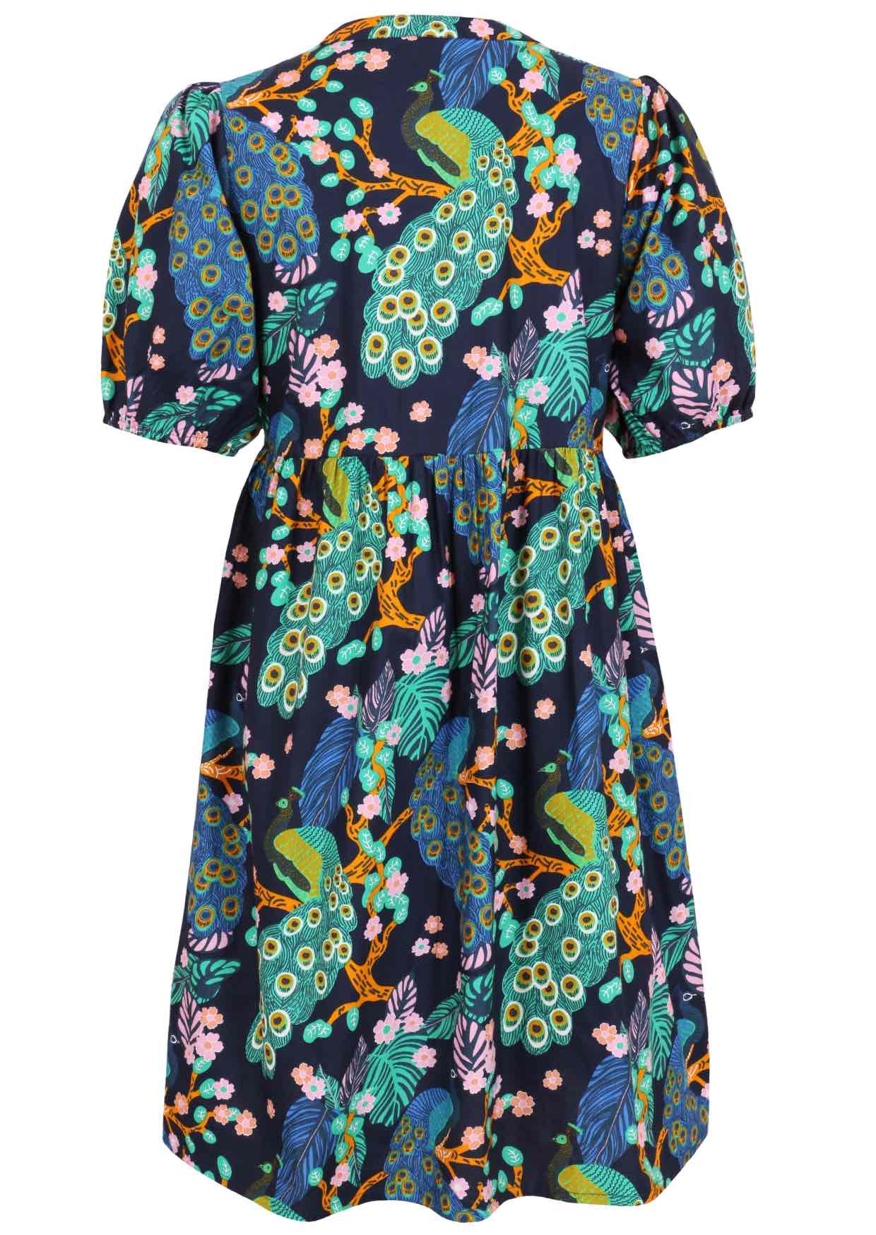 Elbow length sleeve cotton dress with navy blue based floral print