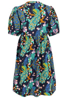 Elbow length sleeve cotton dress with navy blue based floral print