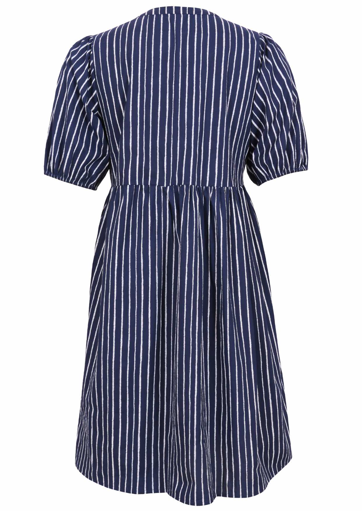 Elbow length sleeve cotton dress with navy blue based print