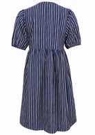 Elbow length sleeve cotton dress with navy blue based print