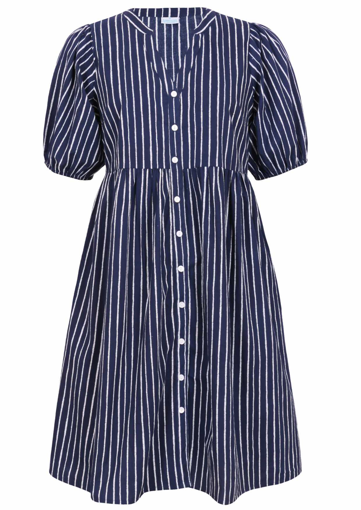 V-neck cotton dress with white stripes on a navy base
