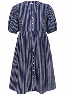 V-neck cotton dress with white stripes on a navy base