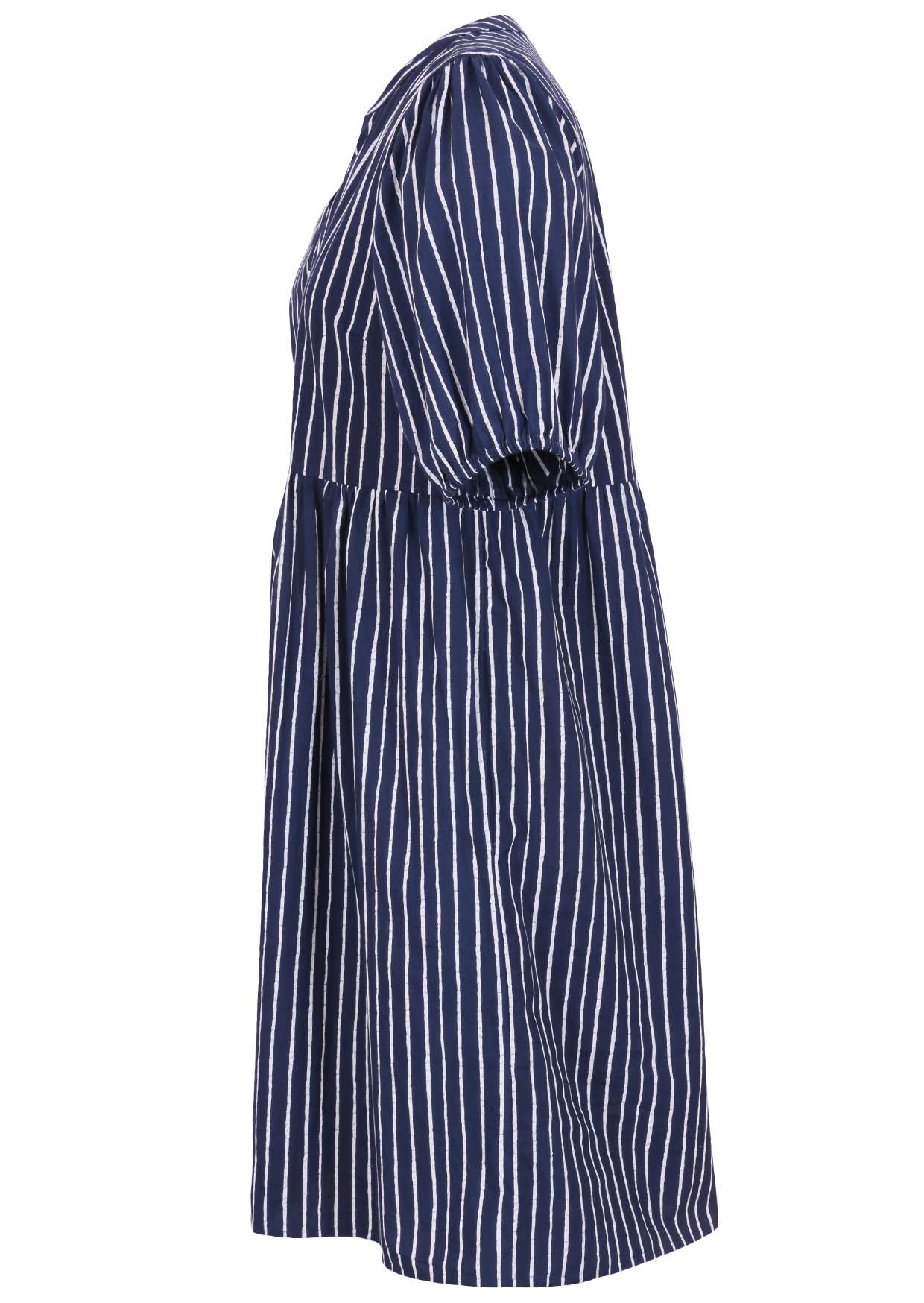 100% cotton dress with white stripes on a navy blue based.