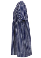 100% cotton dress with white stripes on a navy blue based.