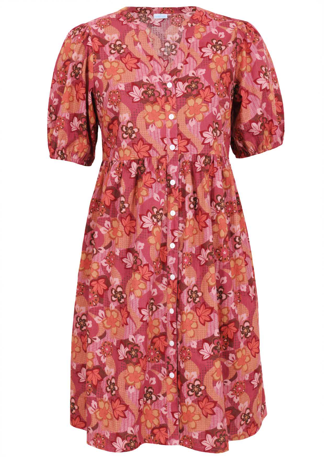V-neck cotton dress with Japanese-style print in pink, maroon, brown, peach, and khaki tones.

