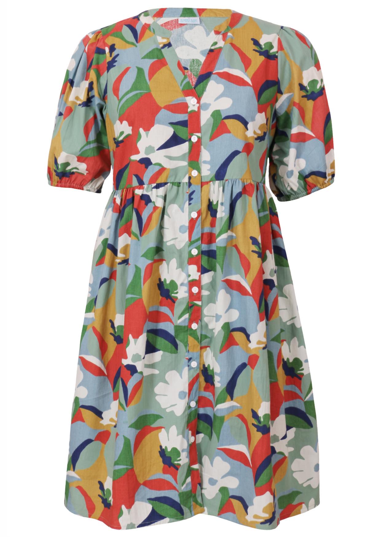 V-neck cotton dress with retro style floral print