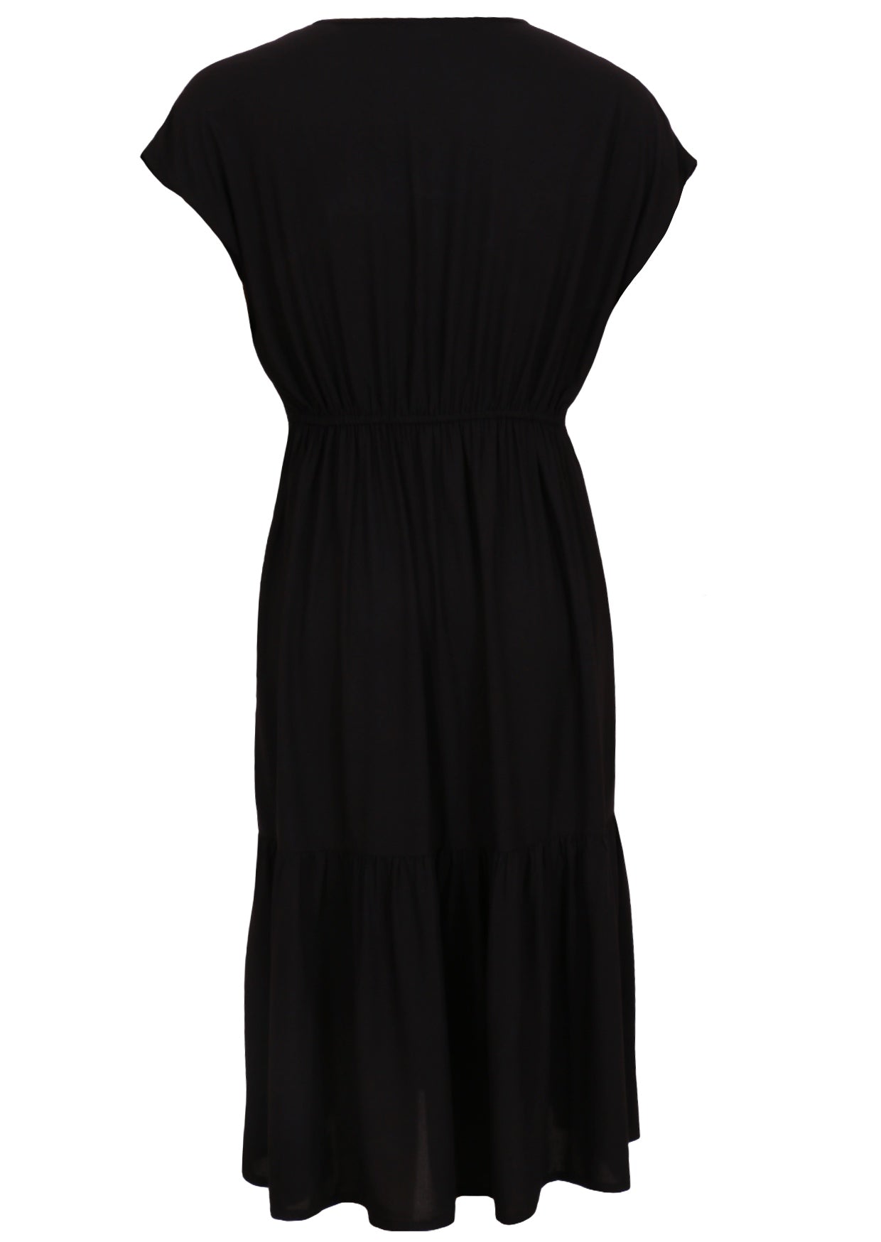 Front mannequin photo of black non-stretch rayon midi length dress with short sleeves and elasticated waistband