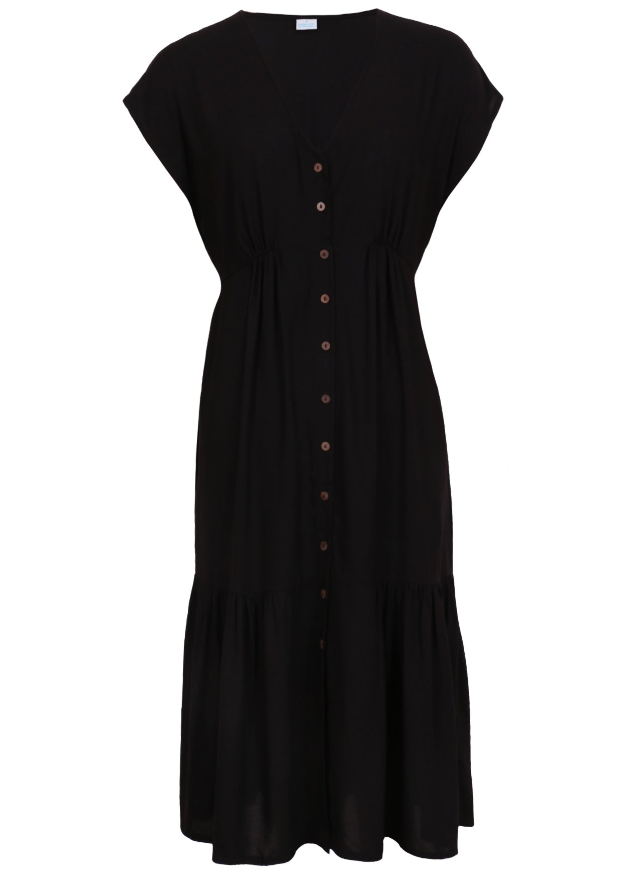 Front mannequin photo of black non-stretch rayon midi length button through dress with short sleeves