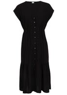 Front mannequin photo of black non-stretch rayon midi length button through dress with short sleeves