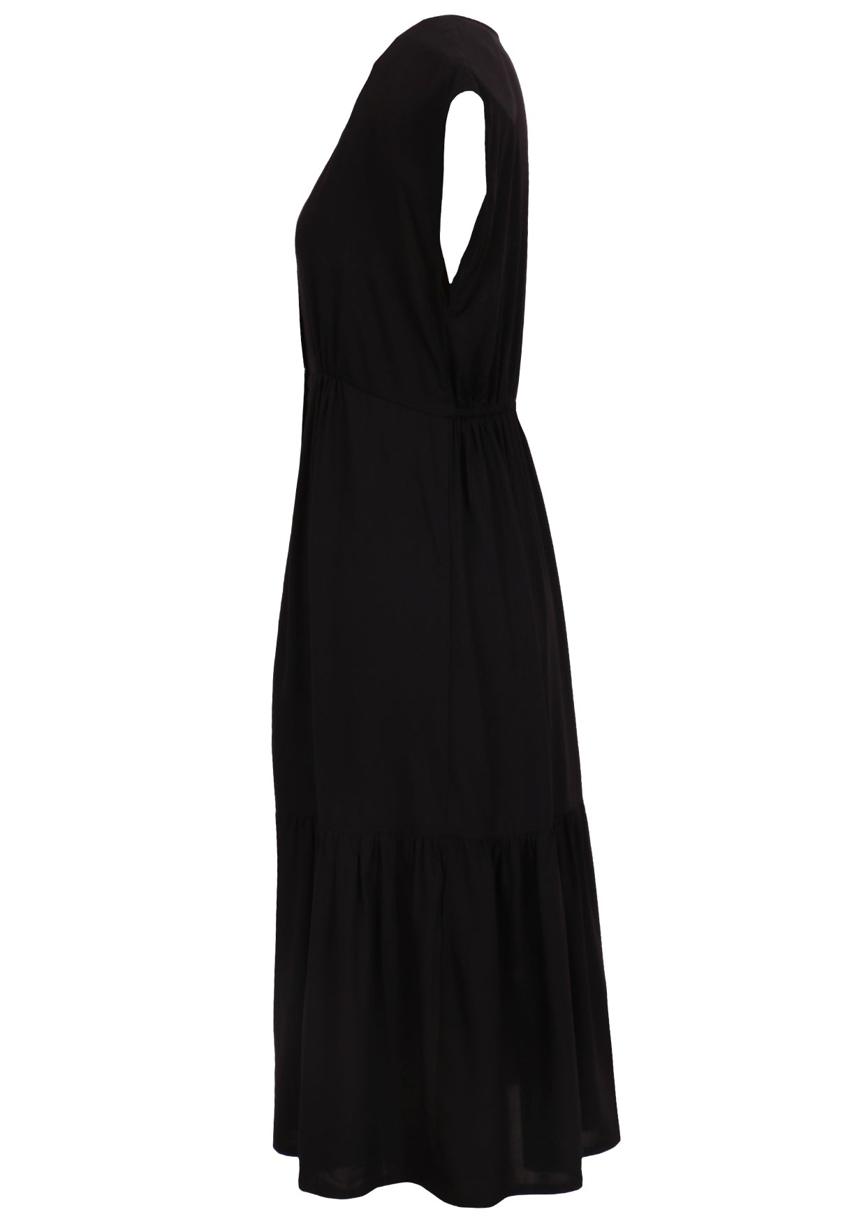 Side mannequin photo of black non-stretch rayon midi length button through dress with short sleeves